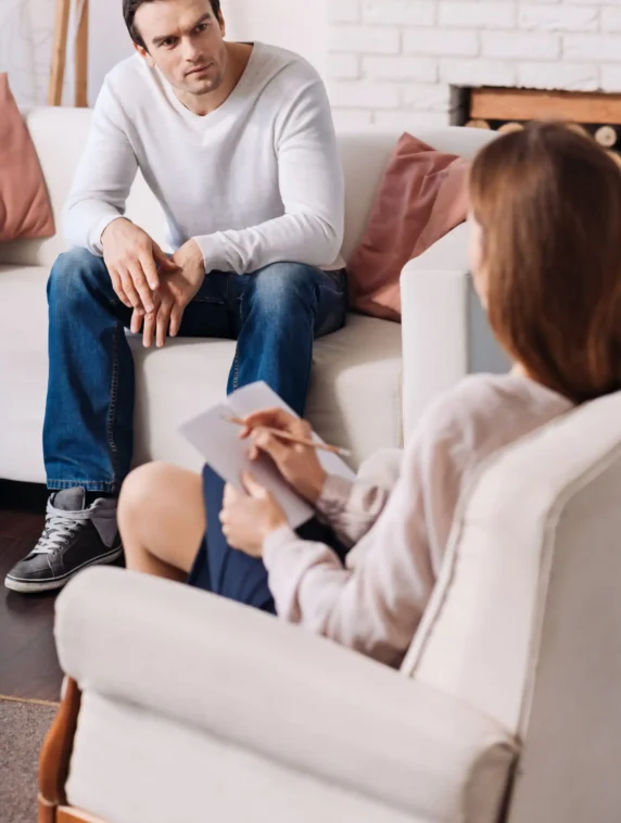 Pleasant,Concentrated,Man,Discussing,His,Feelings,With,Psychologist